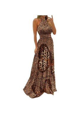 NEW Leopard M Print Boho Halter Maxi Dress Butterfly Detail Sleeveless